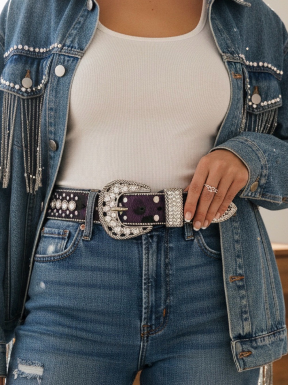 Rhinestone Purple Leather Western Belt with Ornate Silver Buckle